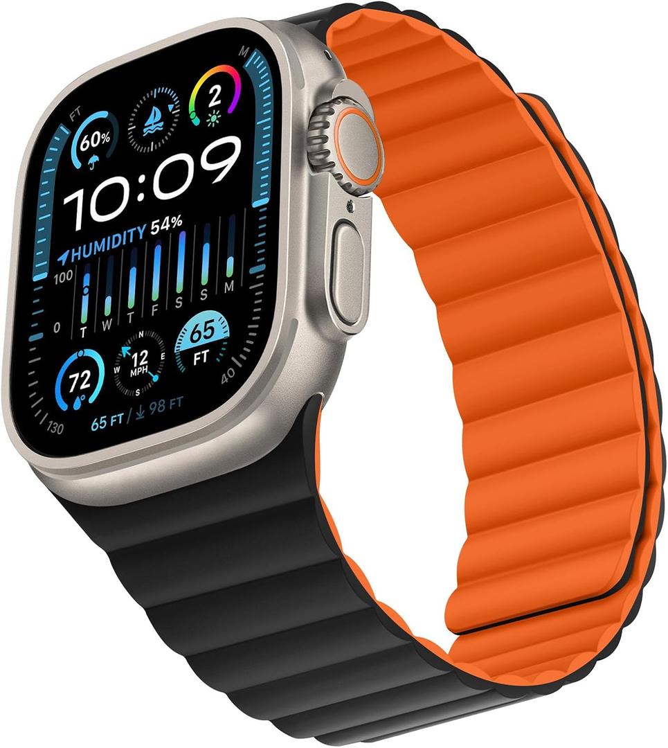 Compatible with Apple Watch Band 49 46 45 44 42 41 40 38mm, Double Sided Wearable Silicone Magnetic Strap for iWatch Ultra SE Series 11 10 9 8 7 6 5 4 3 2 1 (42/44/45/46/49, Orange/Black)