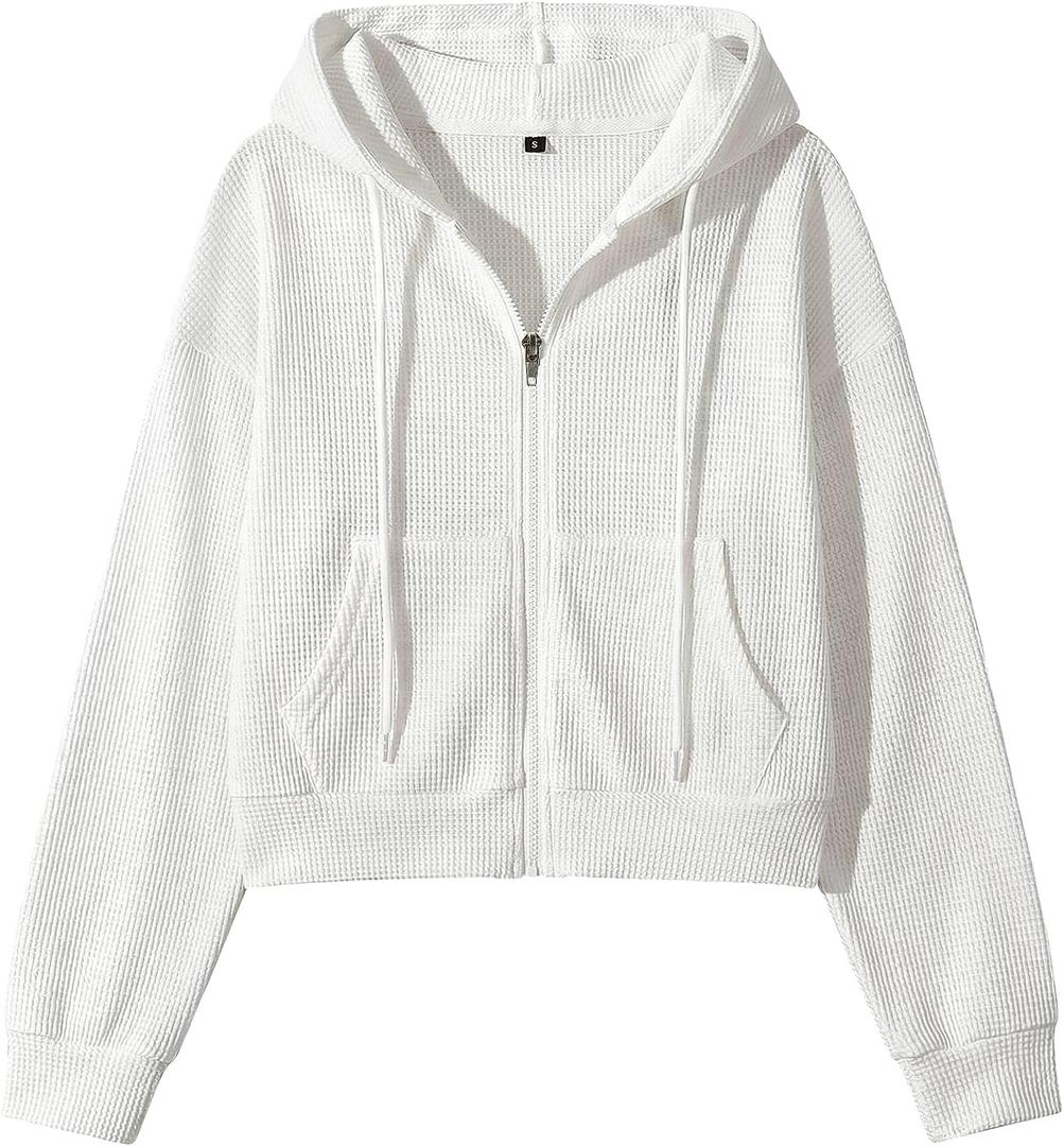 Yimoon Cropped Hoodie Women Zip Up Crop Hoodie Waffle Knit Sweatshirt Jackets (White, XL)