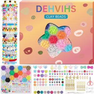 DEHVIHS Clay Beads Kit, 6000PCS Friendship Bracelet Making Kit, 21 Colors with 26 Types of Charms Preppy Polymer Heishi Beads with Letter Beads Jewelry Making Kit (Colorful)