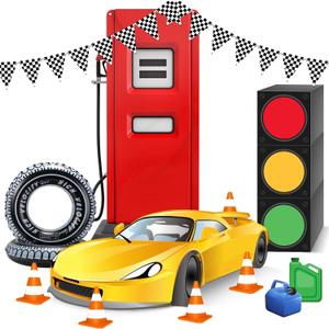 Soulchen 15 Pcs Race Car Birthday Party Decorations 73 Inch Racing Gas Station Backdrop Race Car Cardboard Cutout Checkered Pennant Banner Traffic Light Box Wheel Balloons Photo Booth Prop