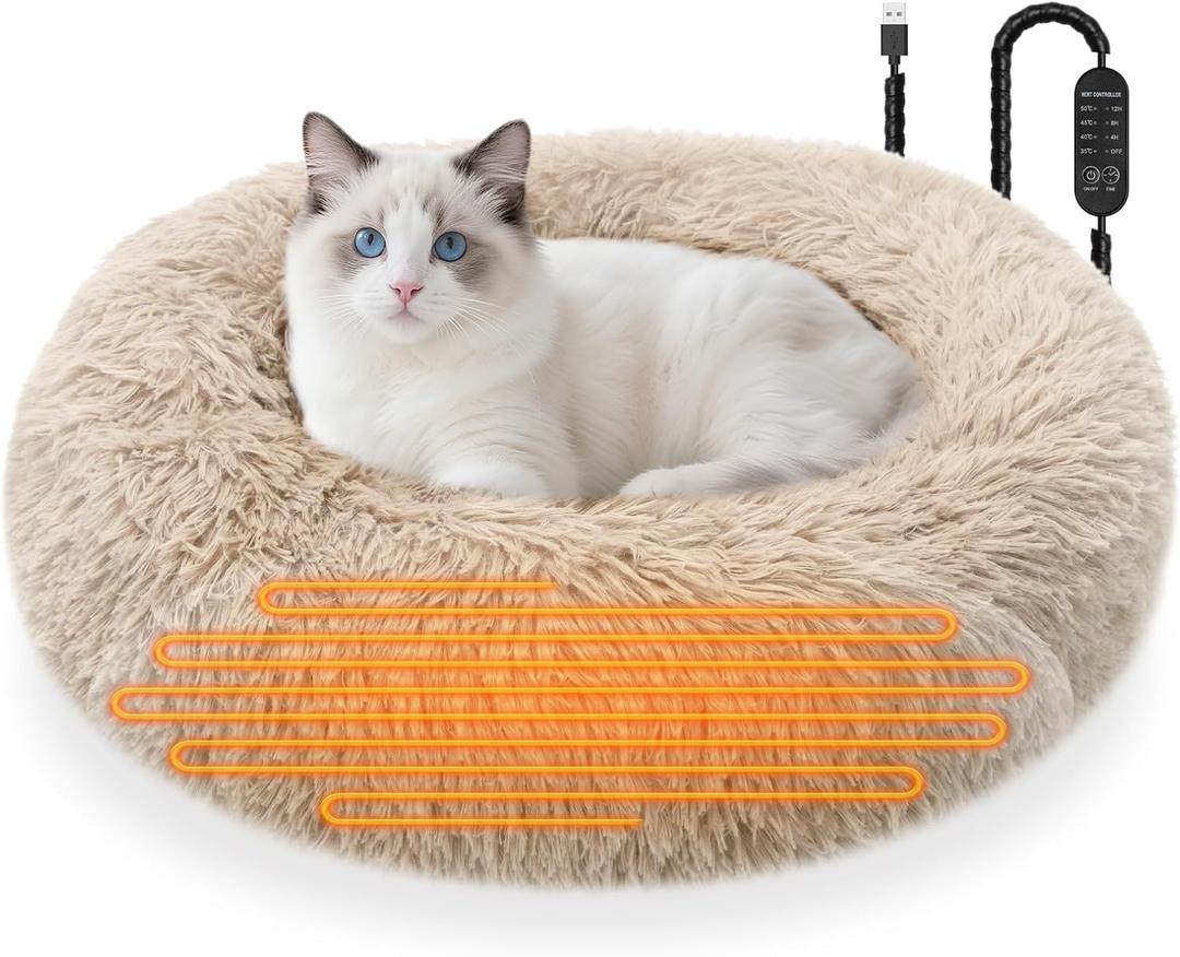 Heated Cat Beds for Indoor Cats and Small Dogs, 24'' Heated Pet Bed with Timer and Temp Adjustable, Cozy Fluffy Round Calming Pet Beds Removable Washable Cover USB Electric Warm Cat Bed- Camel