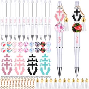Teling 12 Sets Inspirational Beadable Pens Black Ink Ballpoint Beaded Pen with Focal Silicone Beads Assorted Spacer Beads and Tassels and 12 Pcs Lobster Clasps for Office School DIY