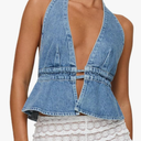 Women Sexy Deep V Neck Halter Denim Tank Top Tie Up Back Solid Color Backless Jean Vest Strapless Cropped Top, Size M