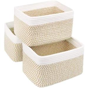 R RUNKA Small Cotton Rope Storage Basket Set of 3-11"x7"x7" Perfect Woven Baskets for Storage, Ideal Storage Baskets for Organizing Toys, Towels, and More - Baskets for Shelves（White & Mixed Camel) 3 Pcs