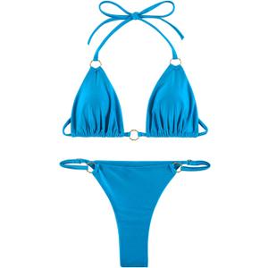 Women Bikini Set Two Piece Swimsuit Sexy Thong Bathing Suit Halter Triangle Tops Cheeky Bikini (Medium, Blue)