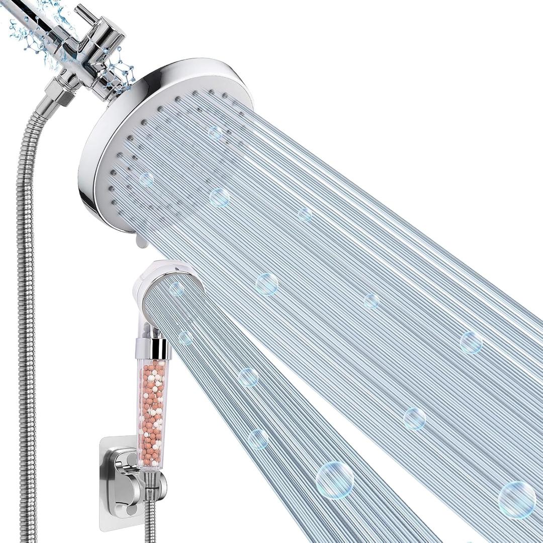 High Pressure 5 Setting Rain Shower Head Combo, 5 Setting Shower Head, Dual Shower Head Set, Handheld Filter Shower for Hard Water, Chrome (With Filter Handheld)