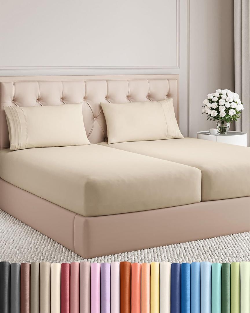 Split King Size 5 Piece Sheet Set - Comfy Breathable & Cooling Sheets - Hotel Luxury Bed Sheets for Women & Men - Deep Pockets, Easy-Fit, Soft and Wrinkle Free Sheets - Wheat Oeko-Tex Bed Sheet Set