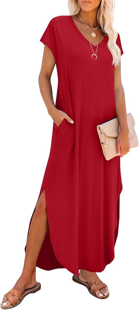 RUMIA Summer Casual Maxi Dresses for Women- Women's V Neck Cap Sleeve Long Sundress with Pockets Beach Vacation Red, X-Large