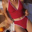 ZAFUL Women's Tankini Swimsuits Tummy Control Two Piece Bathing Suits | High Waisted, V Neck, Removable Soft Cups, Adjustable Straps, High Rise, Modest Swim Suit For Beach Vacation Pool (Red, M)