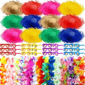 Summer Hawaiian Straw Hat Luau Party Decorations Tropical Leis Sunglasses Bulk for Beach Pool Costume Accessories