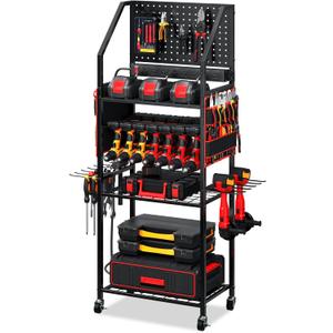 TC-HOMENY Power Tool Organizer Cart with 8 Outlets Charging Power Station, 24 Large Drill Tool Storage Racks with Wheels for Garage, Heavy Duty Tools Organizer Station, Festival Gifts for Men Dads