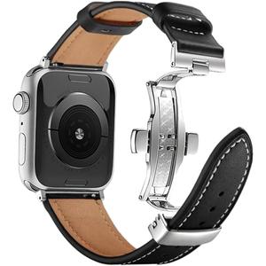 Genuine Leather Bands Compatible with Apple Watch Band Series 10 9 8 7 6 5 4 3 2 1 Ultra SE 49mm 46mm 45mm 41mm 44mm 40mm 42mm 38mm Women Men Top Calfskin for iWatch Wristband Replacement Strap (Black-Silver Butterfly Buckle)