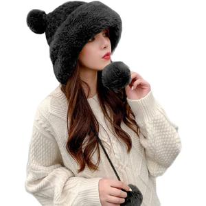Winter Pompom Beanie Hats for Women Fluffy Knit Womens Beanie Faux Fur Crochet Skull Cap Warm Bucket Outdoor Ear Cover (One Size, Black)