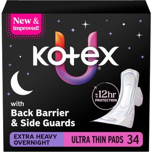 Kotex Ultra Thin Overnight Pads with Wings, Extra Heavy Absorbency, 34 Count 