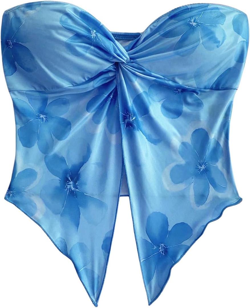 SHENHE Women's Floral Crop Tube Top Twist Front Strapless Split Asymmetrical Boho Flowy Bandeau (Blue, S)