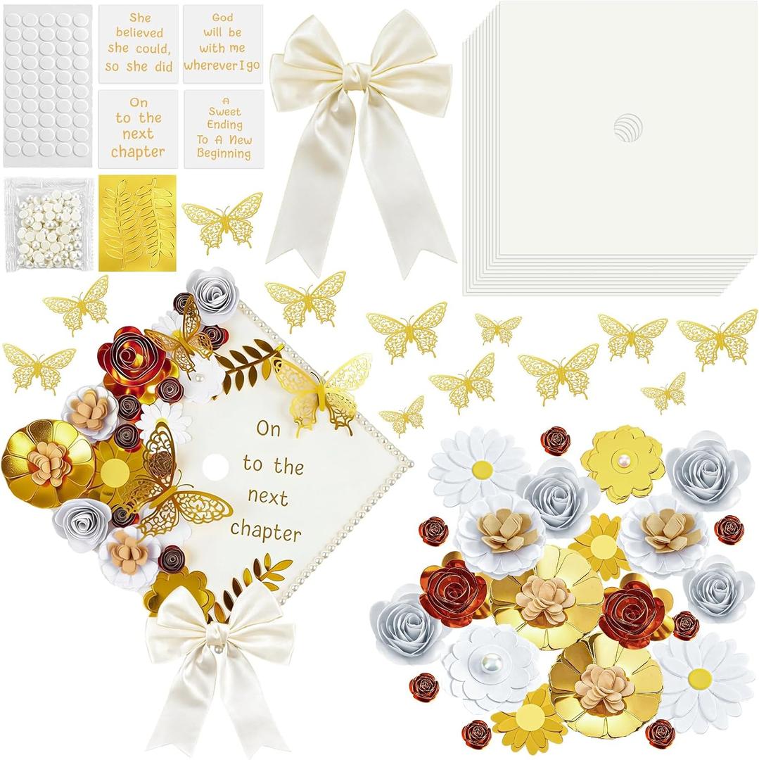 Yexiya 48 Pcs DIY Graduation Grad Cap Decoration Kit Self Adhesive 4 Cream Construction Paper Artificial Parper Flower 3D Butterfly Letter Stickers Satin Bow Pearl for DIY Grad Cap Topper(White)