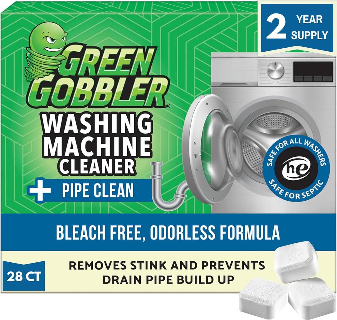 Green Gobbler Premium Washing Machine Cleaner & Deodorizer Tablets with Pipe, Drain & Hose Clean Technology | Front & Top Load Washers | 28 Count