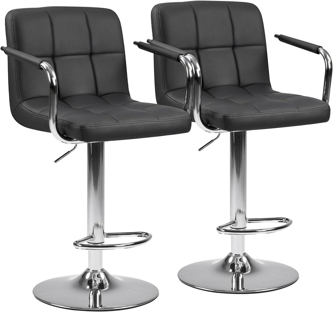 DUMOS Bar Stools Set of 2, Adjustable Swivel Bar Chairs with Padded Armrests and Ergonomic Backrest for Kitchen Island Counter Pub Dining Room, Water-Resistant PU Leather, Black, 2 PCS