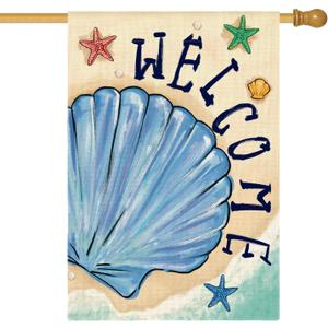 AVOIN colorlife Summer Coastal Beach Shell House Flag 28x40 Inch Double Sided, Welcome Seasonal Nautical Burlap Yard Outdoor Decoration