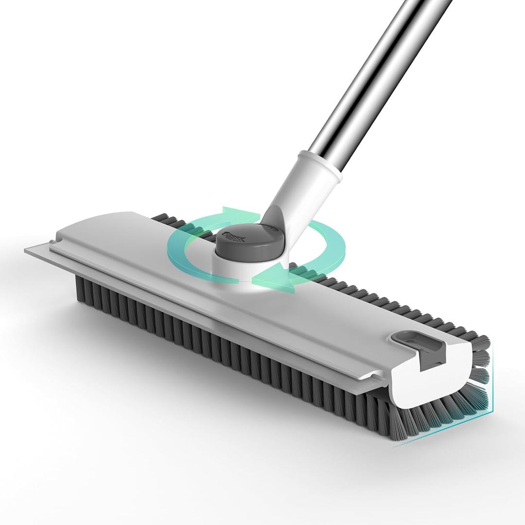 Floor Scrub Brush with Long Handle Length Adjustable, 3 in 1 Heavy-Duty Stiff 90 Bristle Floor Scrubber Broom with Squeegee, for Bathroom, Garage, Kitchen, Tile, Deck & Patio (White)