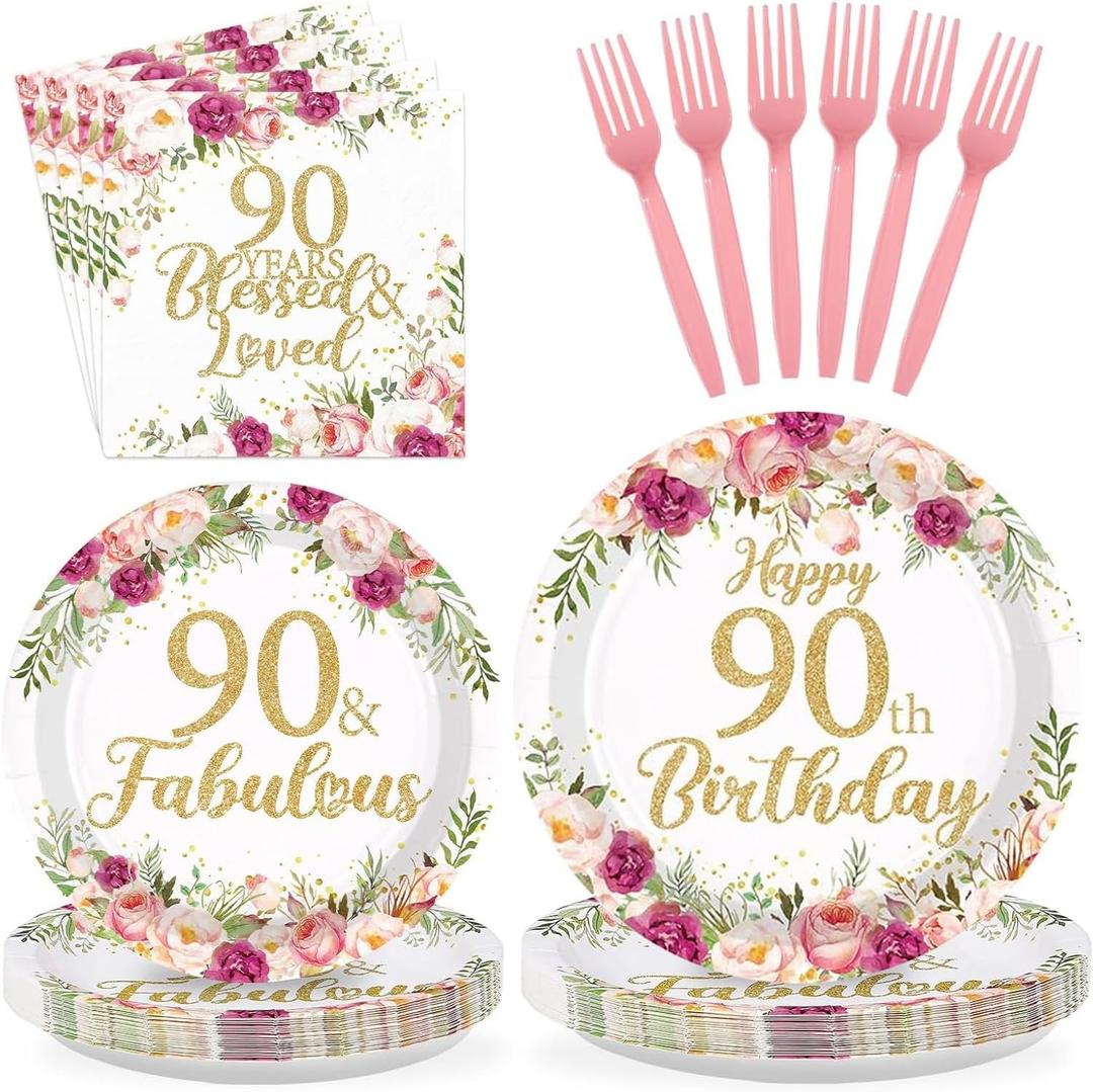 96Pcs 90th Birthday Decorations for Women Rose Gold Floral Party Plates and Napkins Disposable 90th Birthday Gifts Tableware Set for Women Fabulous Party Decorations Serves 24