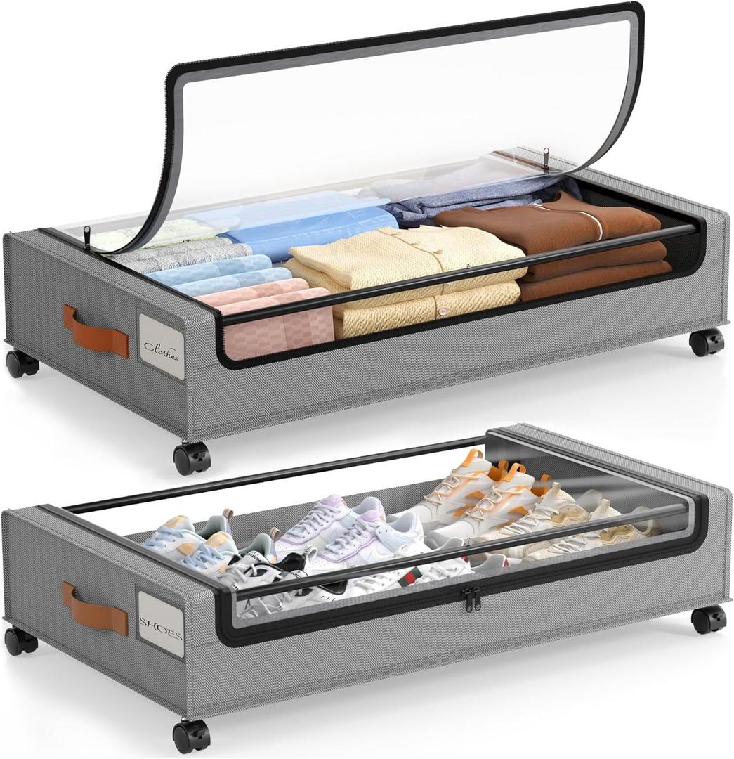 LAMU Under Bed Storage with Wheels, 2 Pack Under Bed Storage Containers with Clear Lid, XXL 60L Underbed Storage Bins, Rolling Under Bed Metal Drawers for Clothes, Blankets, Shoes, Grey