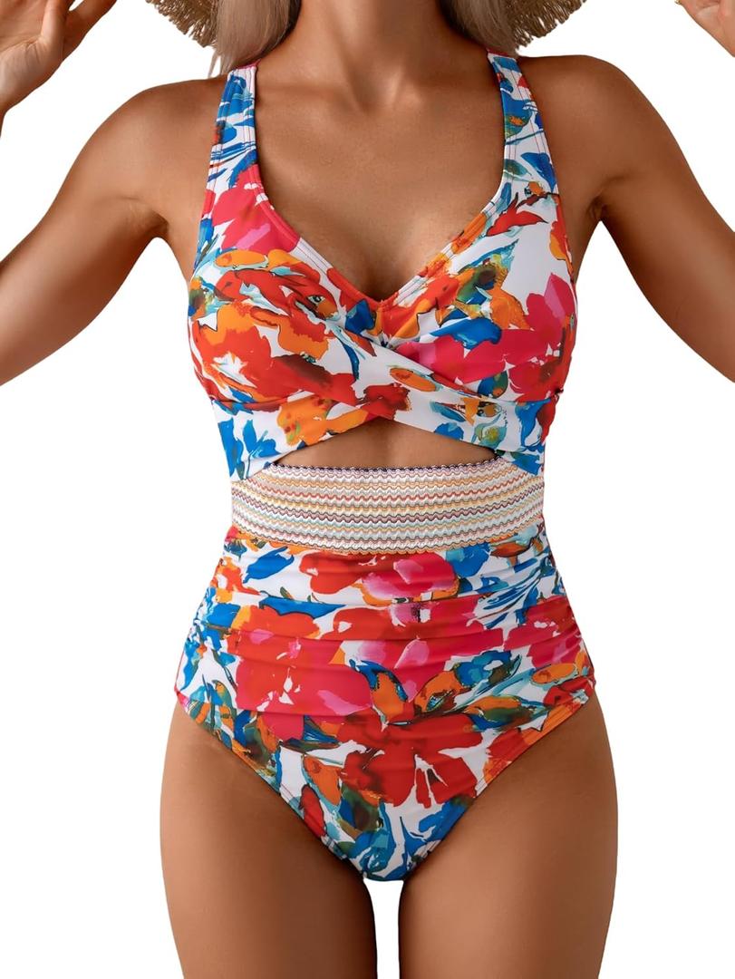 B2prity One Piece Swimsuit for Women Tummy Control V Neck Bathing Suit Color Block High Waisted Cutout Swimwear, Red Floral , Large