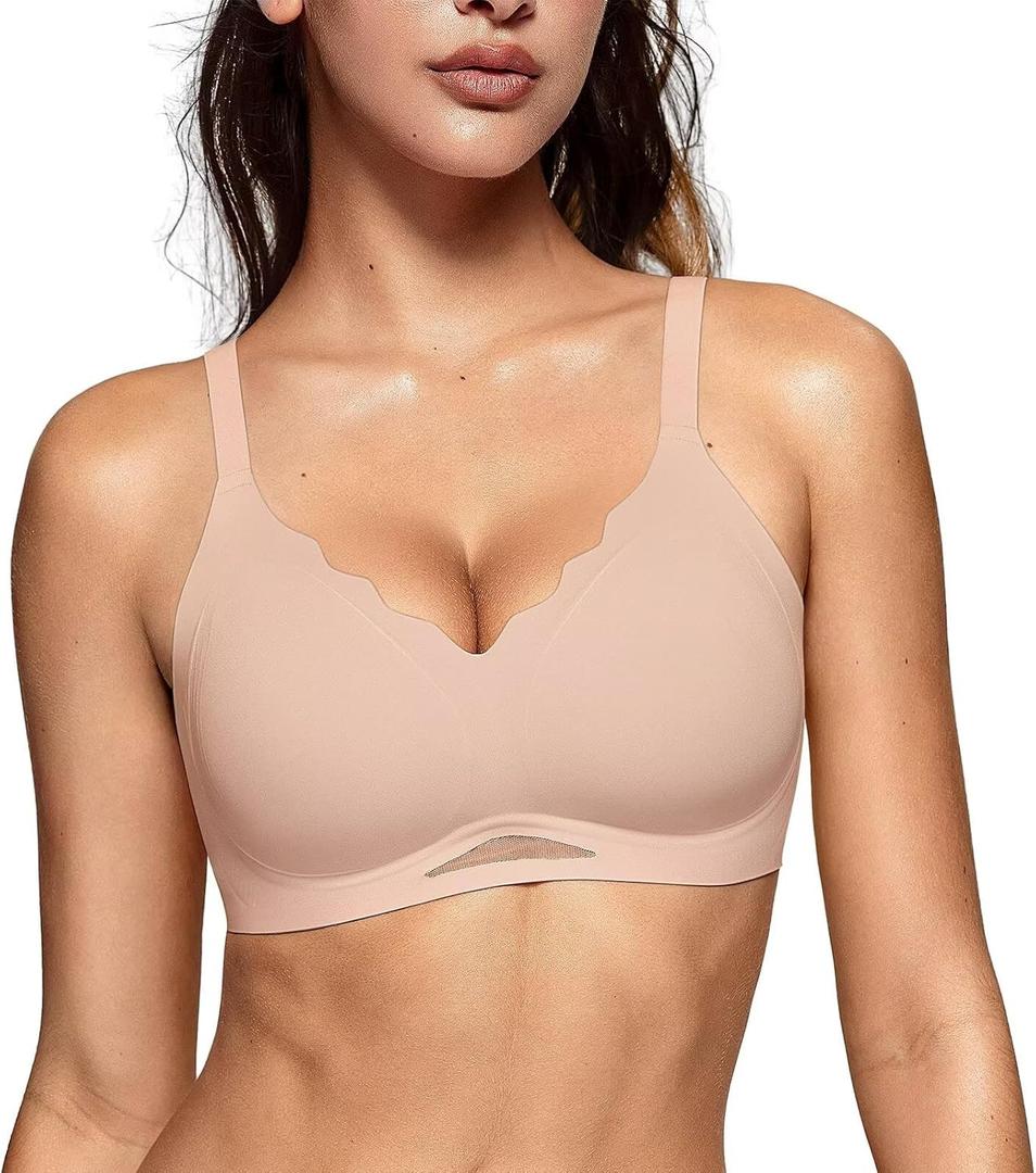 Vertvie Bras for Women Wireless Comfortable Push Up Bra Scalloped Seamless Full Coverage No Underwire Supportive T Shirt Bras (XX-Large, Nude)