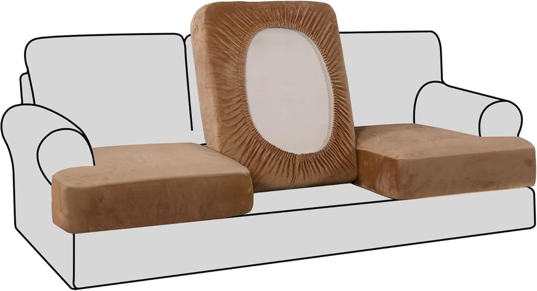 H.VERSAILTEX Stretch Velvet 3 Piece T Cushion Sofa Slipcovers - Individually Fitting Cushion Covers for 3 Cushion Couch - Stay in Place (Camel)