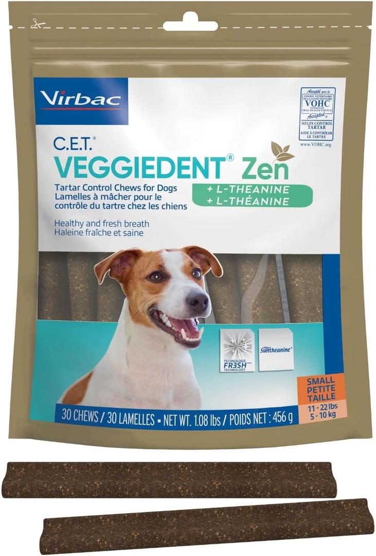 C.E.T. Veggiedent Fr3sh & Zen Plaque and Tartar Control Chews for Dogs, S | Calming dog dental chews, L-theanine dog calming chew, plant based chews, VOHC approved for plaque & tartar