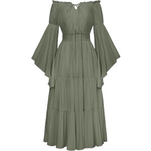 Scarlet Darkness Renaissance Costume Women Off Shoulder Bell Sleeve Tiered Maxi Dress (Green, L)