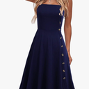 Women's Casual Summer Beach Flattering Flowy A-Line Spaghetti Straps Solid Cotton Button Down Midi Sundress,M