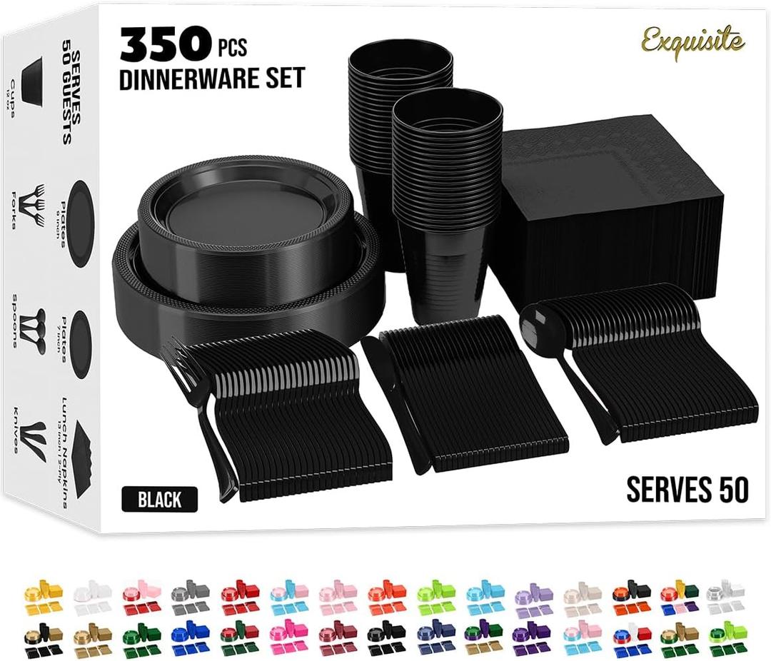 Party Solids 350 Pieces Black Plastic Plates For Party, Black Disposable Plates Set, 50 Of Each 9" Dinner Plate Set, 7" Dessert Plate, Cups, Napkins & Cutlery Plastic Dinnerware