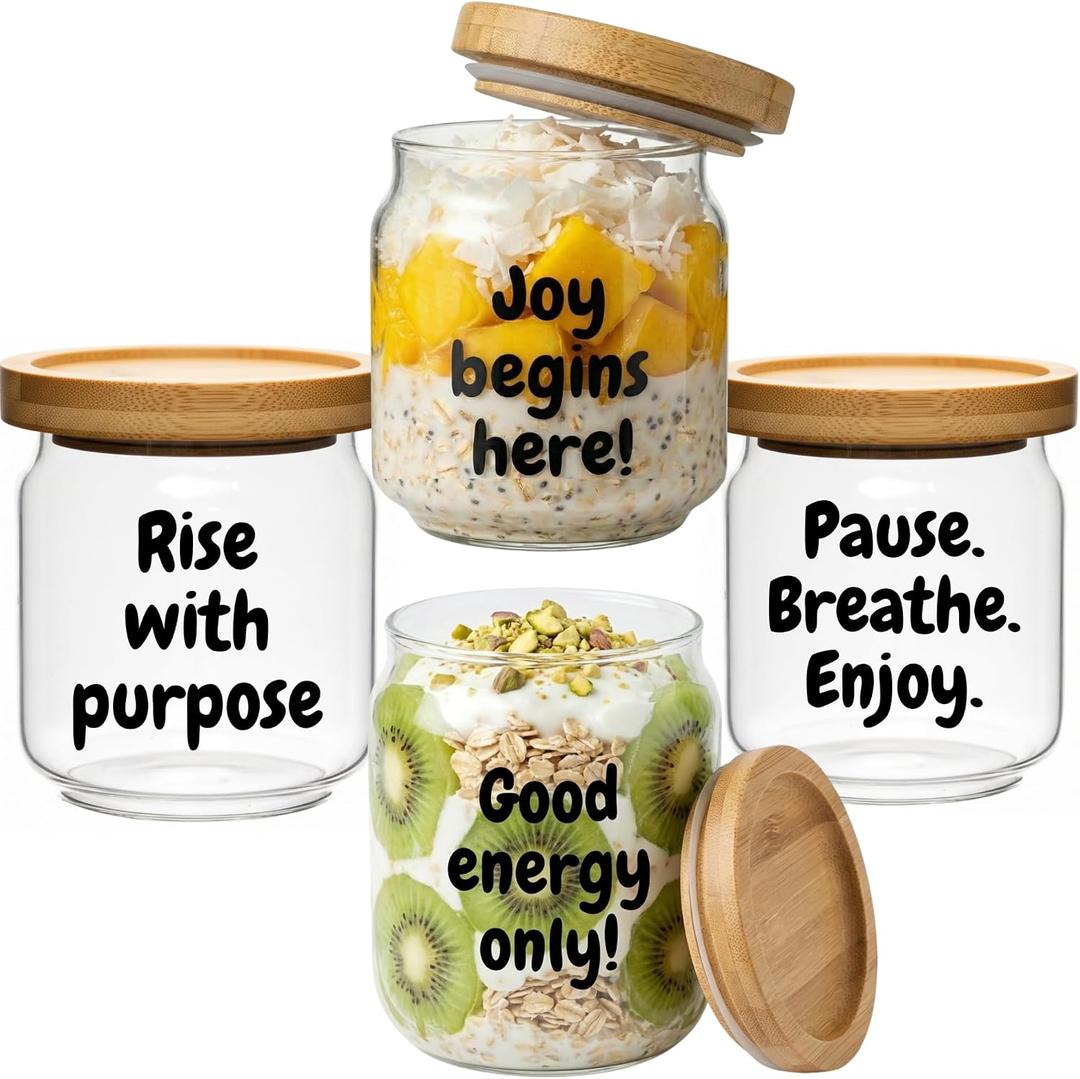 PANDAWOOD Overnight Oats Containers with Lids - 4 Pack Glass Overnight Oats Jars with Airtight Lids - Chia Seed Pudding Jars - Yogurt Containers with Lids - Oatmeal Jars Meal Prep Mason Jars 14.8 OZ