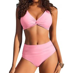 Bikini for Women Sexy High Waist Two Piece Swimsuits V Neck Bathing Suits, XL, Pink