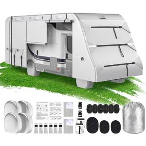 Mofeez Class C RV Covers 26-29 Ft, 420D Oxford Fabric Class C Motorhome Cover, Waterproof Windproof Anti-UV Anti-Tear Motorhome Camper Cover with 2Pcs Extra Straps & 4 Tire Covers