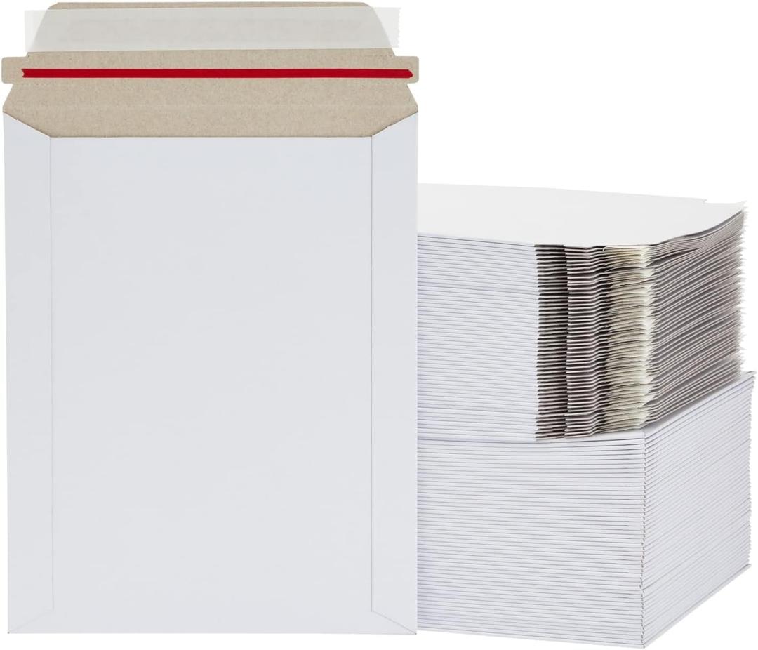 100-Pack Stay Flat Rigid Mailers 7 x 9 Inches with Self Adhesive Seal, Bulk White Cardboard Envelopes for Shipping Photo, Documents, Letters, Packaging Supplies