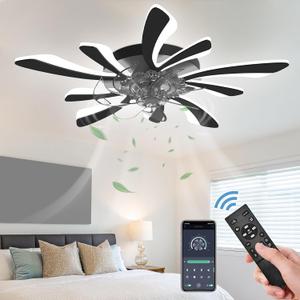 GooComfy Dimmable Ceiling Fan with Light and Remote Control, 31" Small Flush Mounted Ceiling Fan with Led Lights, APP and Remote Controlled, Modern, Black, Upgraded