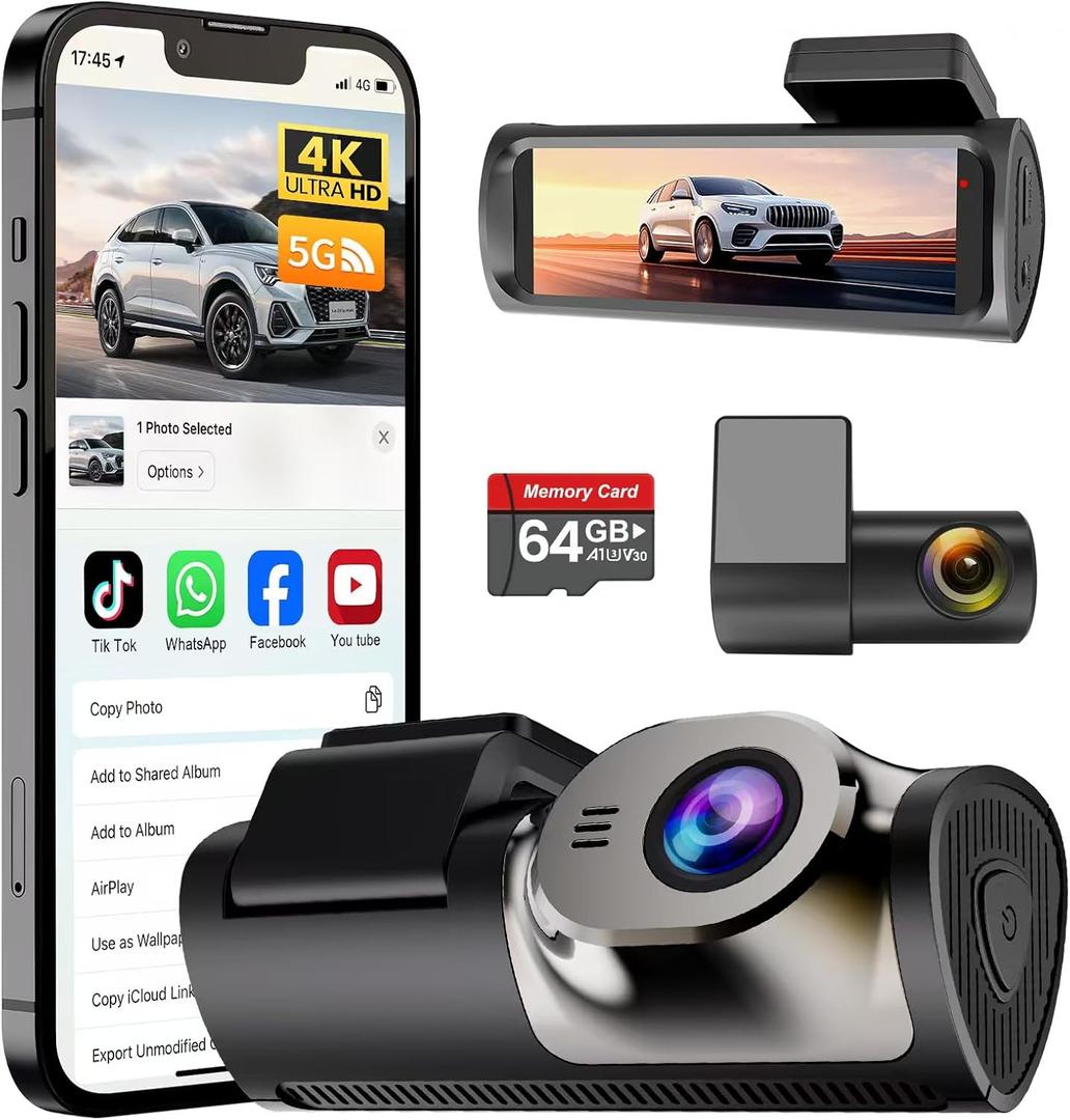 4K+1080P Dash Cam Front and Rear,64GB Card Included,5.8GHz WiFi Dash Camera for Cars,App up to 20MB/s Fastest Download,G-Sensor,Night Vision,24h Parking Monitoring,Loop Recording,170 Wide Angle
