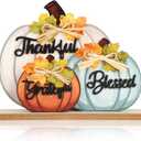 3 Pcs Fall Pumpkin Decor Wooden Table Sign Thankful Blessed Grateful Tabletop for Autumn Farmhouse Vintage Thanksgiving Harvest Party Rustic Home Room Table Shelf Halloween Decorations (Large, Blue White Orange)