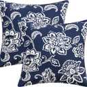 Decorative Outdoor Floral Pillow Covers Set of 2,Waterproof Boho Farmhouse Throw Pillows Summer Coastal Accent Pillowcases for Patio Furniture Garden Sofa 18x18 Inch, Navy Blue