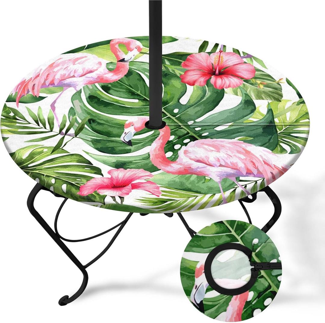 Tropical Palms Round Outdoor Tablecloth with Umbrella Hole, Plaid Fitted Table Cover with Zipper, Outdoor Camping Essentials, Waterproof Umbrella Table Cloth with Elastic (36''-44'')