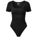 OQQ Women Bodysuits Ruched Short Sleeve Square Neck Stretch Lounge Travel Bodysuits Black, Size: XL