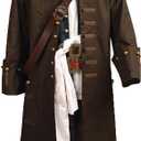 Mens Pirates Cosplay Costume Pirate Jack Outfit Coat Belt Cosplay Props Halloween (Large, Brown)