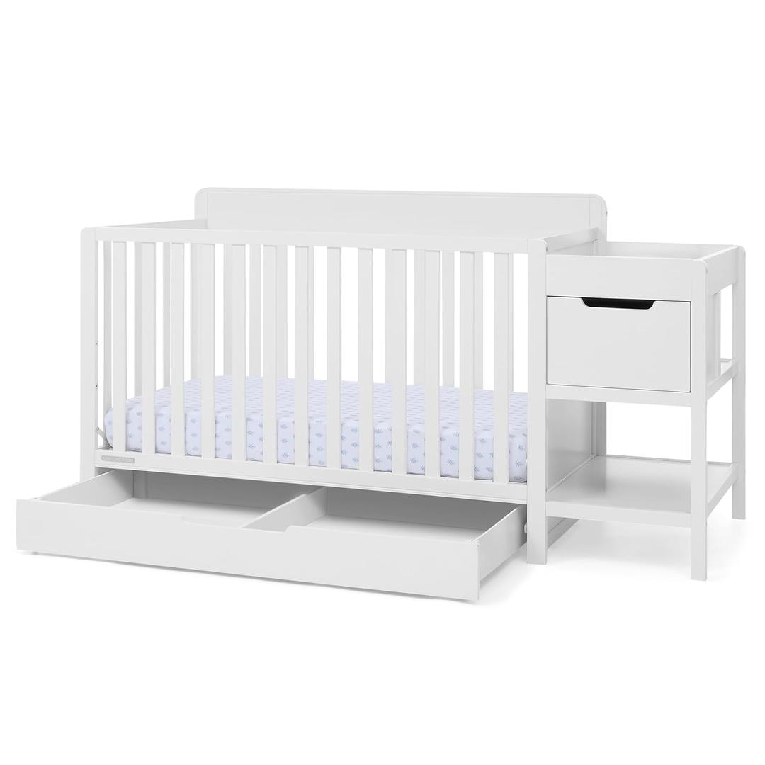 Delta Children Maya 5-in-1 Convertible Crib and Changer with Storage, Converts to Toddler Bed, Daybed, Sofa & Full Bed, Fits Standard Crib Mattress, 3 Mattress Heights for Baby Nursery, Bianca White