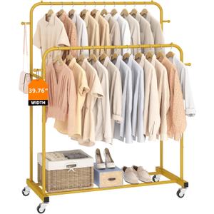 Laiensia Double Rods Garment Rack with Wheels, Clothing Rack for Hanging Clothes,4 Hooks, Multi-functional Bedroom Clothes Rack, Gold
