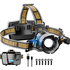Headlamp Rechargeable, 800LM Head Lamp Super Bright LED Head Lamps with 7 Modes & IP68 Waterproof Rechargeable Headlamp,Adjustable Head Lamp for Outdoor Camping Hiking Climbing