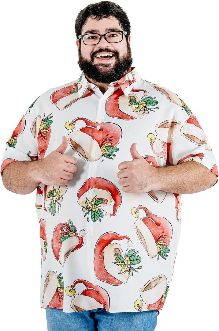 BRISIRA Big and Tall Christmas Shirts for Men Santa Hawaiian Vacation Short Sleeve Button Down Holiday Shirt Lightweight (6X-Large, White-vintage Christmas Hat)