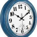 JENLYSTIME 12 Inch Indoor/Outdoor Retro Waterproof Wall Clock with Thermometer Silent Round Quartz Battery Operated Easy to Read Decorative for Kitchen Patio,Bathroom,Deck,Porch,Pool(Blue)