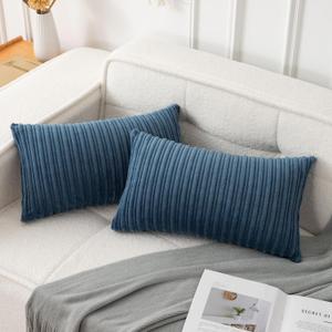 UGASA Velvet 12x20 Inch Lumbar Soft Throw Pillow Covers Decorative Corduroy Striped Both Sides Solid Rectangular Cushion Cases Boho Farmhouse for Couch Bedroom Sofa Home, Pack of 2, New-Dusty Blue
